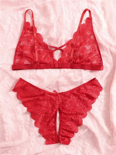 Taglie Forti Set Lingerie Con Orlo Smerlato Fiocco Frontale Pizzo