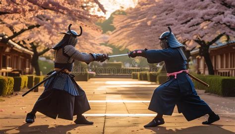 Samurai Duel An Intense Duel Between Two Samurai Warriors In A Cherry