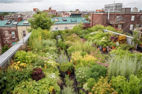 Premium Ai Image Green Rooftop Garden Filled With Plants And Blooms