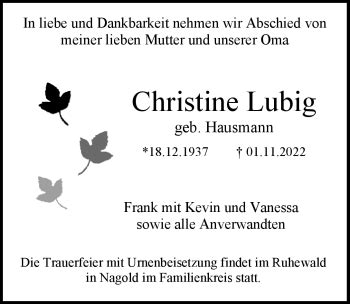 Traueranzeigen Von Christine Lubig Schwarzw Lder Bote Trauer