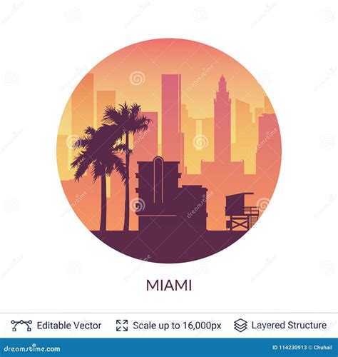 Miami famous city scape. stock vector. Illustration of miami - 114230913