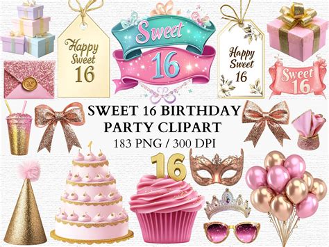 sweet  birthday clipart bundle pink gold party decorations cakes