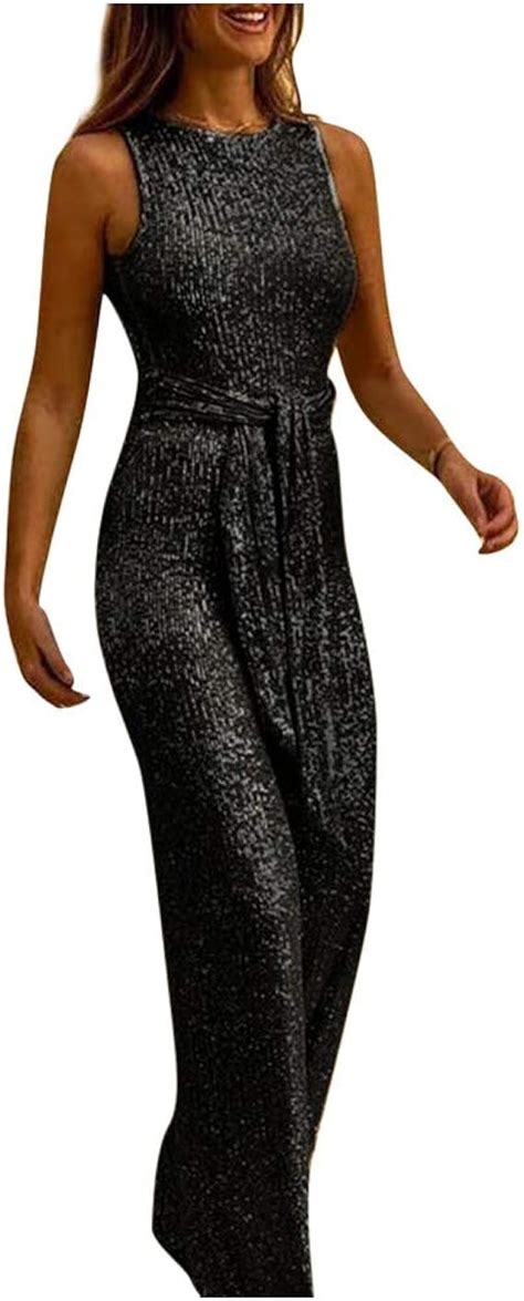 Yuwegr Damen Jumpsuit Ärmellose Rundhals Einfarbig Pailletten Mode