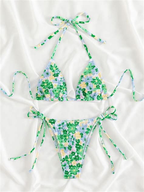 Swim Mod Summer Beach Random Floral Print Bikini Set Smocked Halter Triangle Bra Top Tie Side
