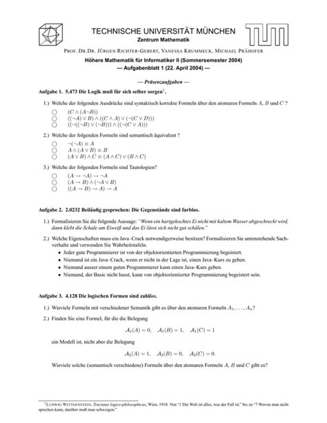 Aufgabenblatt Höhere Mathematik an der TUM