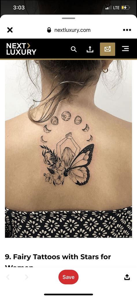 The Back Of A Woman S Neck With Tattoos On It And An Image Of A Butterfly