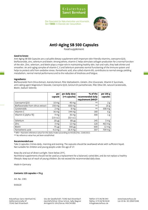 Anti Aging SB 500 Capsules Buy Securely Online Now Sanct Bernhard