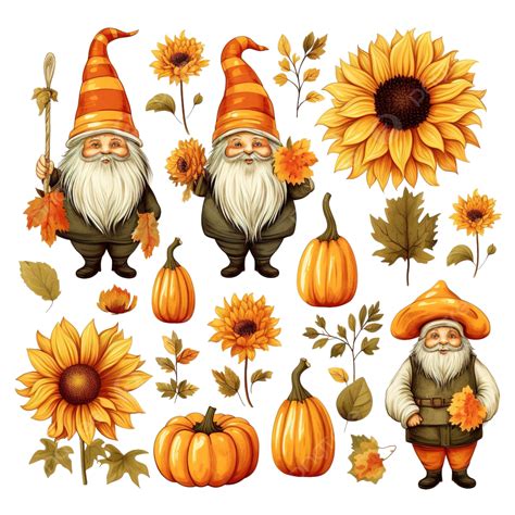 Set Of Fall Elements Autumn Gnomes Pumpkins And Sunflowers Thanksgiving