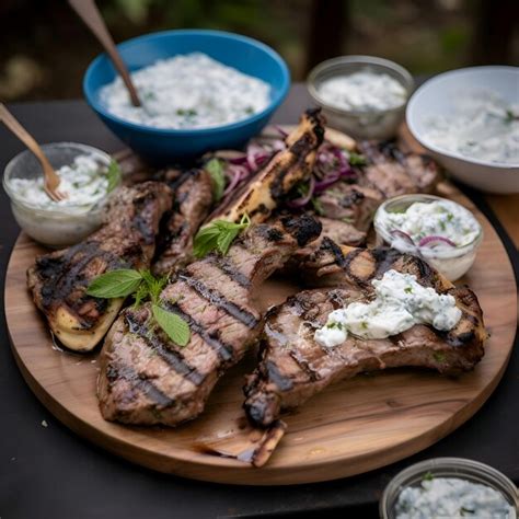 Costillas De Cordero A La Parrilla Con Salsa Tzatziki En Una Tabla De