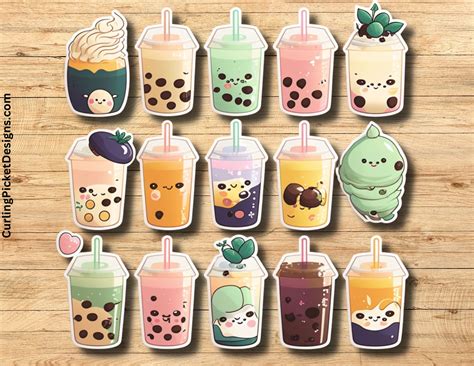 Colorful Printable Downloadable Boba Bubble Tea Sticker Sheet Curlingpicketdesigns