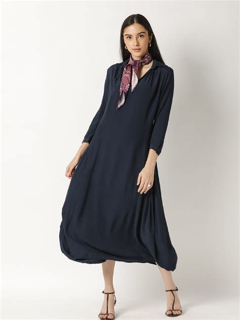 Buy Rareism Navy Blue Solid Shirt Collar A Line Midi Dress Dresses