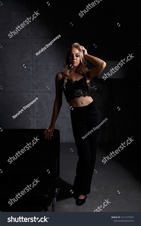 Sexy Blonde Girl Black Lace Top Stock Photo 1211277979 Shutterstock