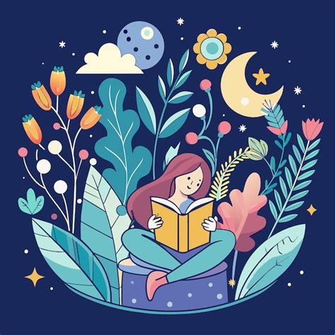 Una Chica Leyendo Un Libro En El Cielo Con La Luna Y Las Estrellas