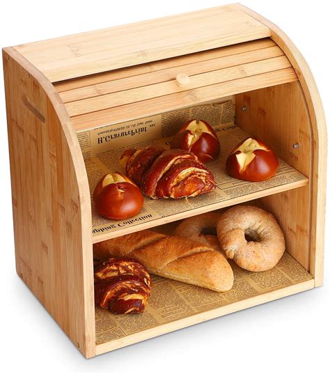 Ga Homefavor Bamboo Bread Box 2 Layer Bread Bin For Kitchen Large Capacity Wooden Bread