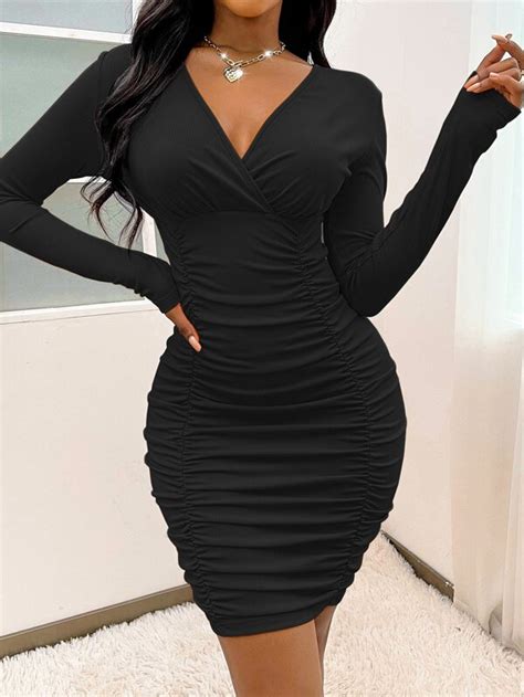 Shein Sxy Plunging Neck Ruched Bodycon Dress Shein Usa