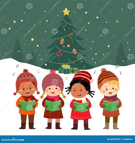 Happy Kids Singing Christmas Carols With Christmas Tree Stock Vector