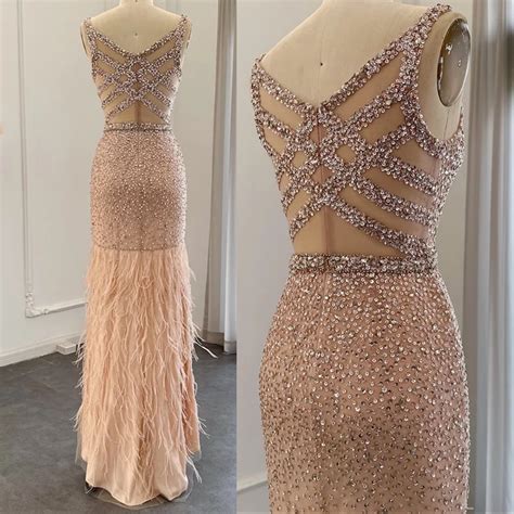Luxury Nude Pink Feathered Sequin Embellished Evening Dress Evening Dresses Made To Order