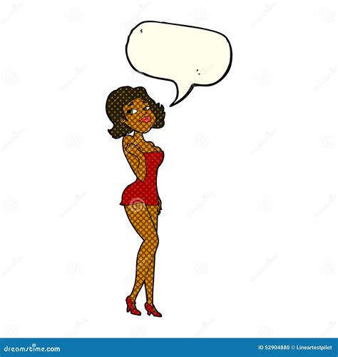 Cartoon Attractive Woman In Short Dress With Speech Bubble Stock