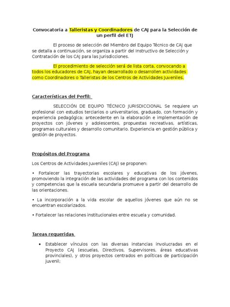 Pdf Convocatoria A Talleristas Y Coordinadores De Caj Para La