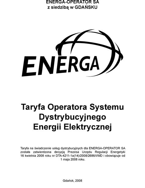 Energa Operator Sa Z Siedzib W Gda Sku Taryfa Operatora Systemu