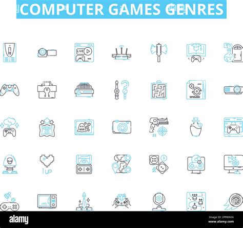 Computer games genres linear icons set. Action, Adventure, Puzzle ...