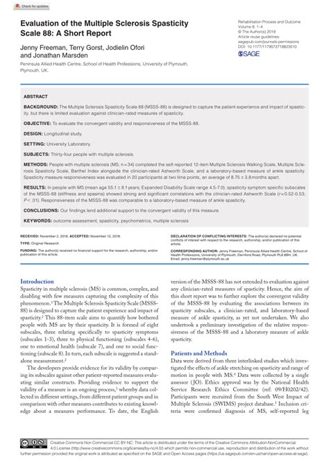 (PDF) Evaluation of the Multiple Sclerosis Spasticity Scale 88: A Short ...