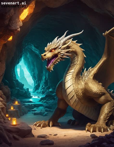 A Fearsome Dragon Guarding A Treasure Trove In A Dark Mysterious Cave