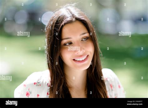 Teenage Latina Smiling Park Standing Sun Dress Summer Closeup Close Up Long Hair Stock Photo Alamy