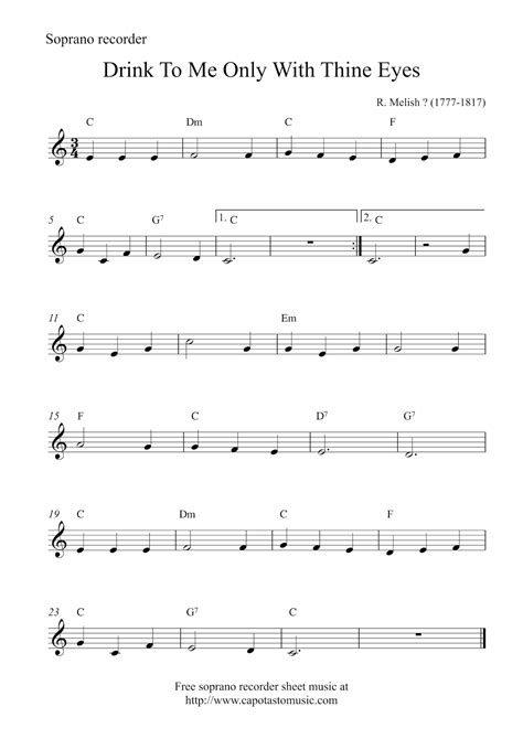 Free easy soprano recorder sheet music | Drink To Me Only With Thine Eyes