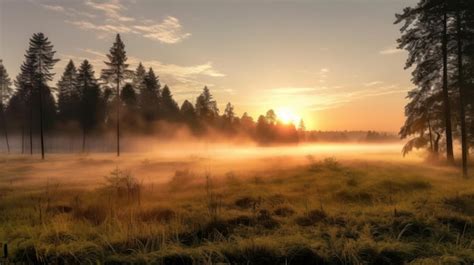 Premium Photo | Foggy forest at sunrise