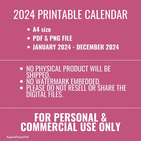 2024 Printable Calendar 2024 Calendar Monthly Calendar Digital