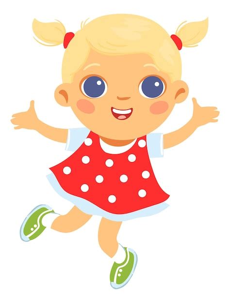Jolie Fille Blonde Souriante Joyeux Enfant Sauteur Personnage De Dessin Animé Amusant Isolé