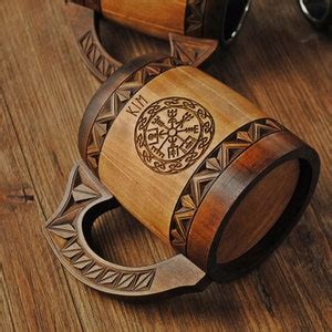 Wooden Beer Mug Viking Tankard Hand Carved Groomsman Beer Mug Vegvisir