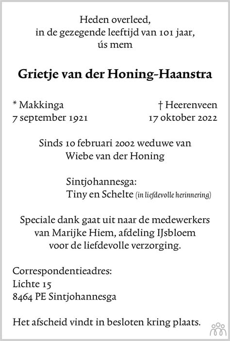 Grietje Van Der Honing Haanstra Overlijdensbericht En