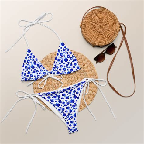 BLUE WHITE BIKINI String Bikini With Blue Floral Pattern Mexican Floral