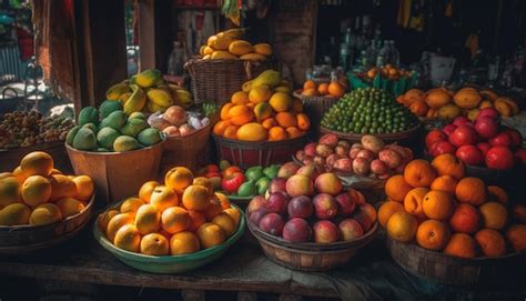 Un Stand De Fruits Avec Des Paniers De Fruits Dessus Photo Gratuite