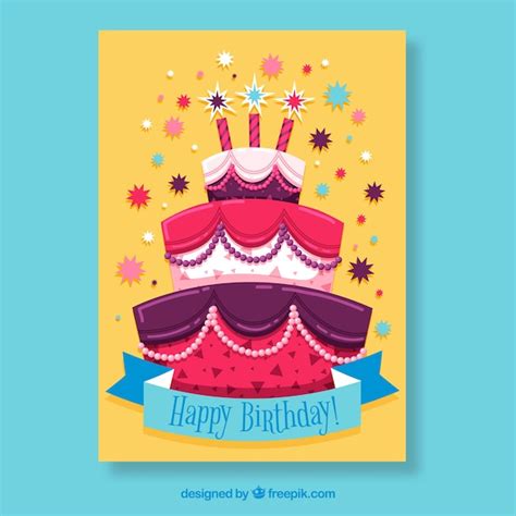 Tarjeta de cumpleaños con tarta en estilo hecho a mano Vector Gratis