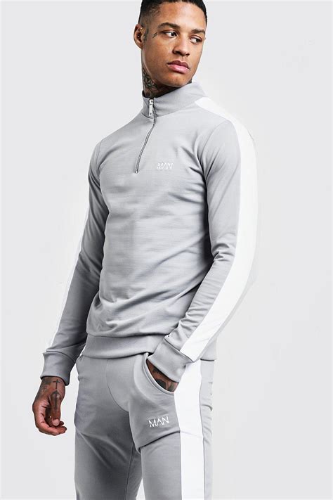 Boohooman Funnel Neck Contrast Panel Tricot Man Tracksuit In Gray For