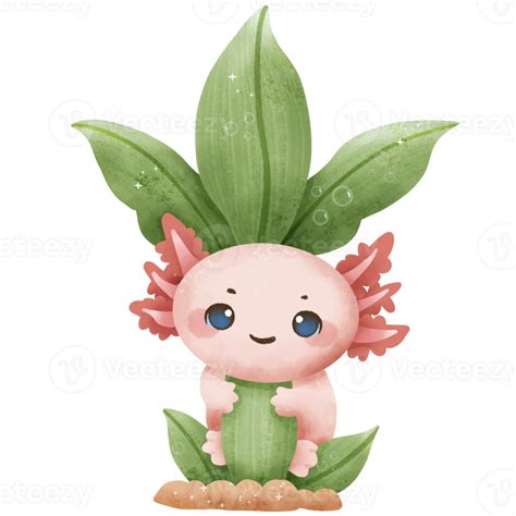 A Watercolor Illustration Of Axolotl Hugging Seaweed Cute Kawaii Pink