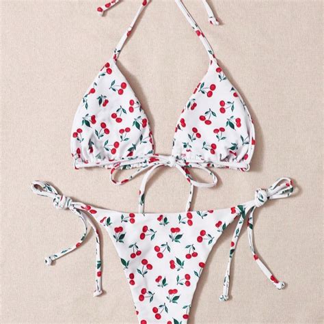 Swim Summer Beach Cherry Print Triangle Tie Side Bikini Swimsuit Etsy