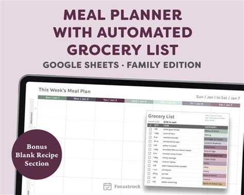 weekly meal planner template  grocery list google sheets etsy