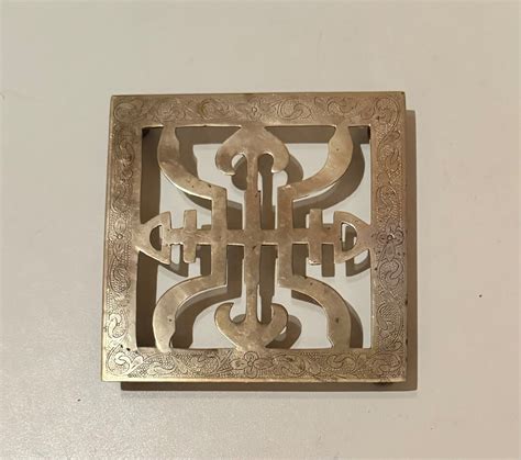 Vintage Brass Chinese Trivet Chinese Symbol Brass Plant Stand Footed