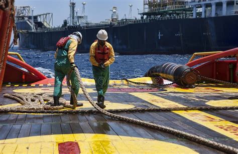 Grupo a Pouca Distância Do Mar Da Embarcação Que Trabalha Na Plataforma