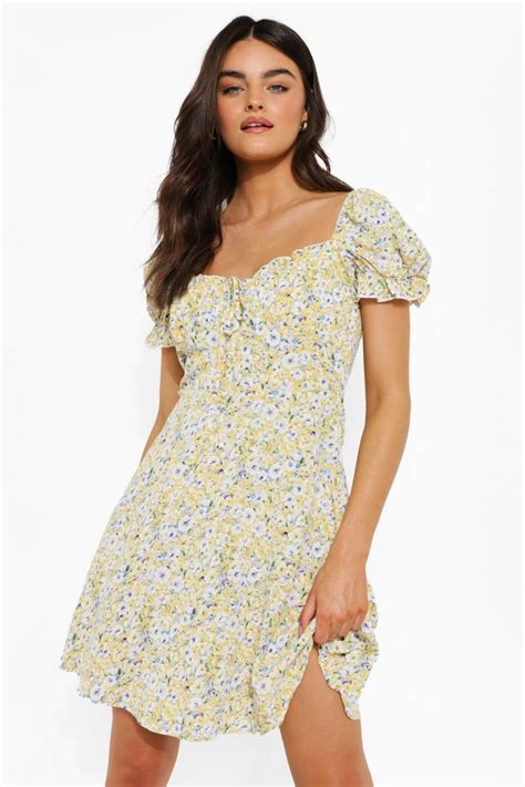 Ditsy Floral Puff Sleeve Skater Dress Boohoo