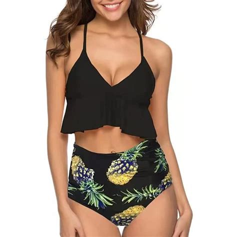 Maillots de Bain Femmes 2 Pieces à Volants Vintage Taille Haute à Volants à Plage Floral Bikini