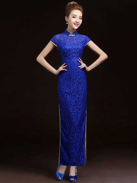 Blue Lace Cheongsam Qipao Evening Dress With Split Cozyladywear