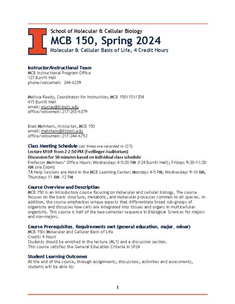 MCB150 Syllabus SP24 Mcb School Of Molecular Cellular Biology MCB