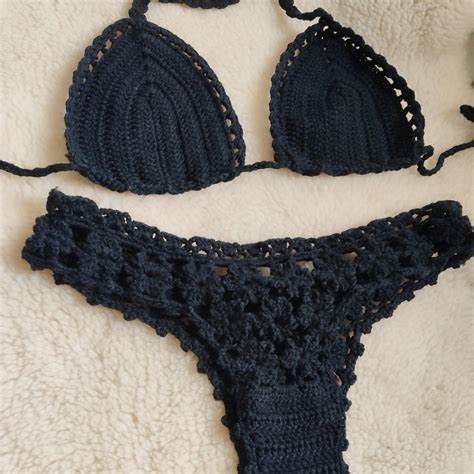 Crochet Black Bikini Set Made With Black Soft Depop