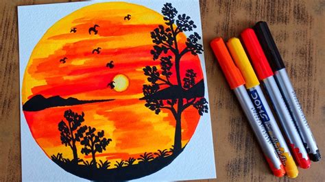 Sunset Drawing With Brush Pens Easy Drawing With Brush Pens Easy