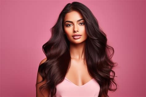 Premium AI Image Portrait Of Beautiful Brunette Indian Woman With Long And Shiny Wavy Hair On